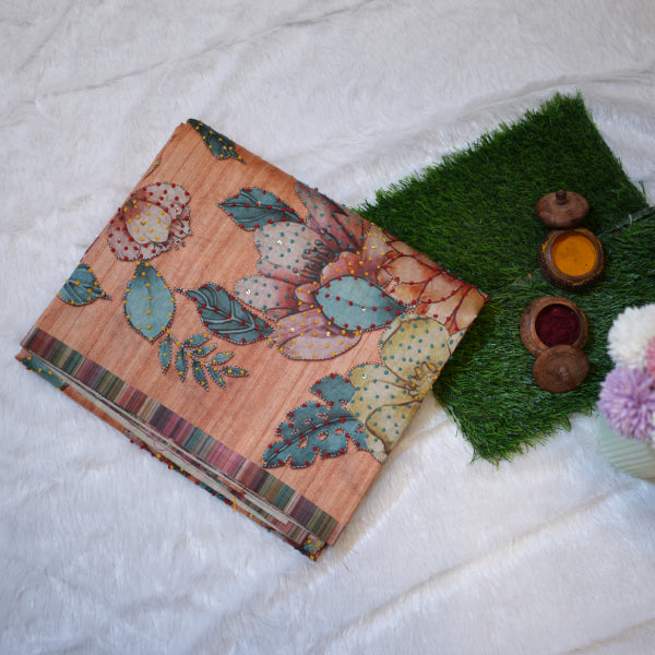 Raw Silk Sarees with Floral Print Chikan Embroidery