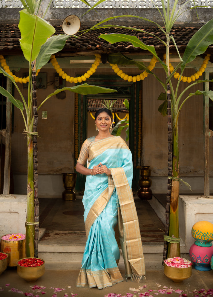Aqua Blue Silk Saree with Zari Woven Pattern
