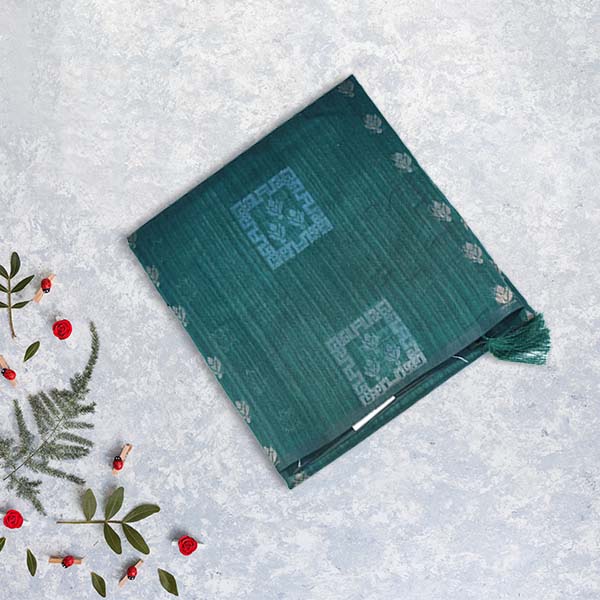 Raw Silk Saree with Copper Butta & Silver Zari Box Design