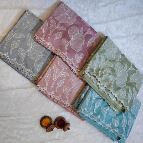 Dupion Silks Saree with Body Floral Hapliq Work Hand Craft