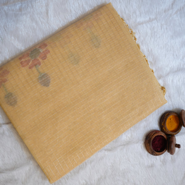 Dissu Fancy Sarees with Golden Checks Hand Painting Katha Work