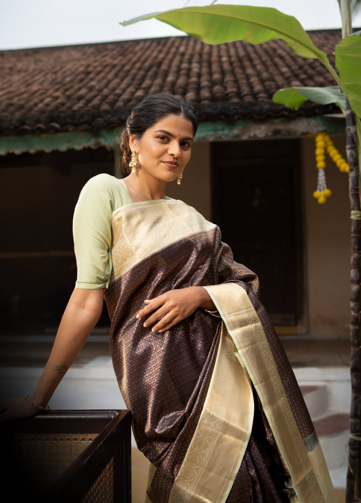 Brown Pure Silk Saree with Blouse