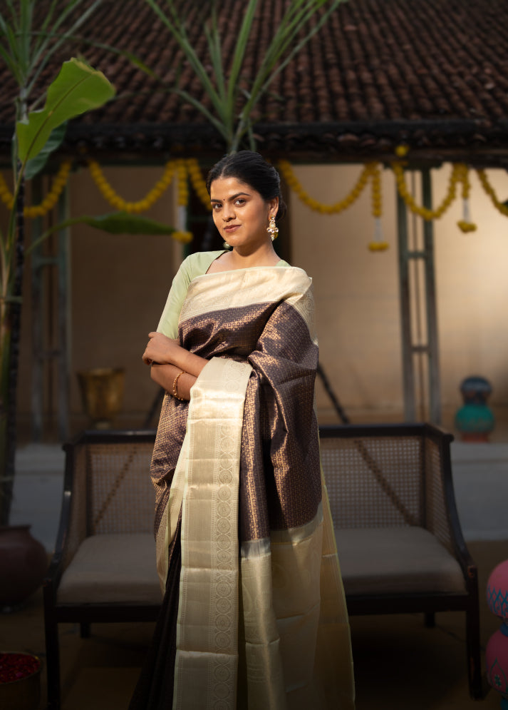 Brown Pure Silk Saree with Blouse