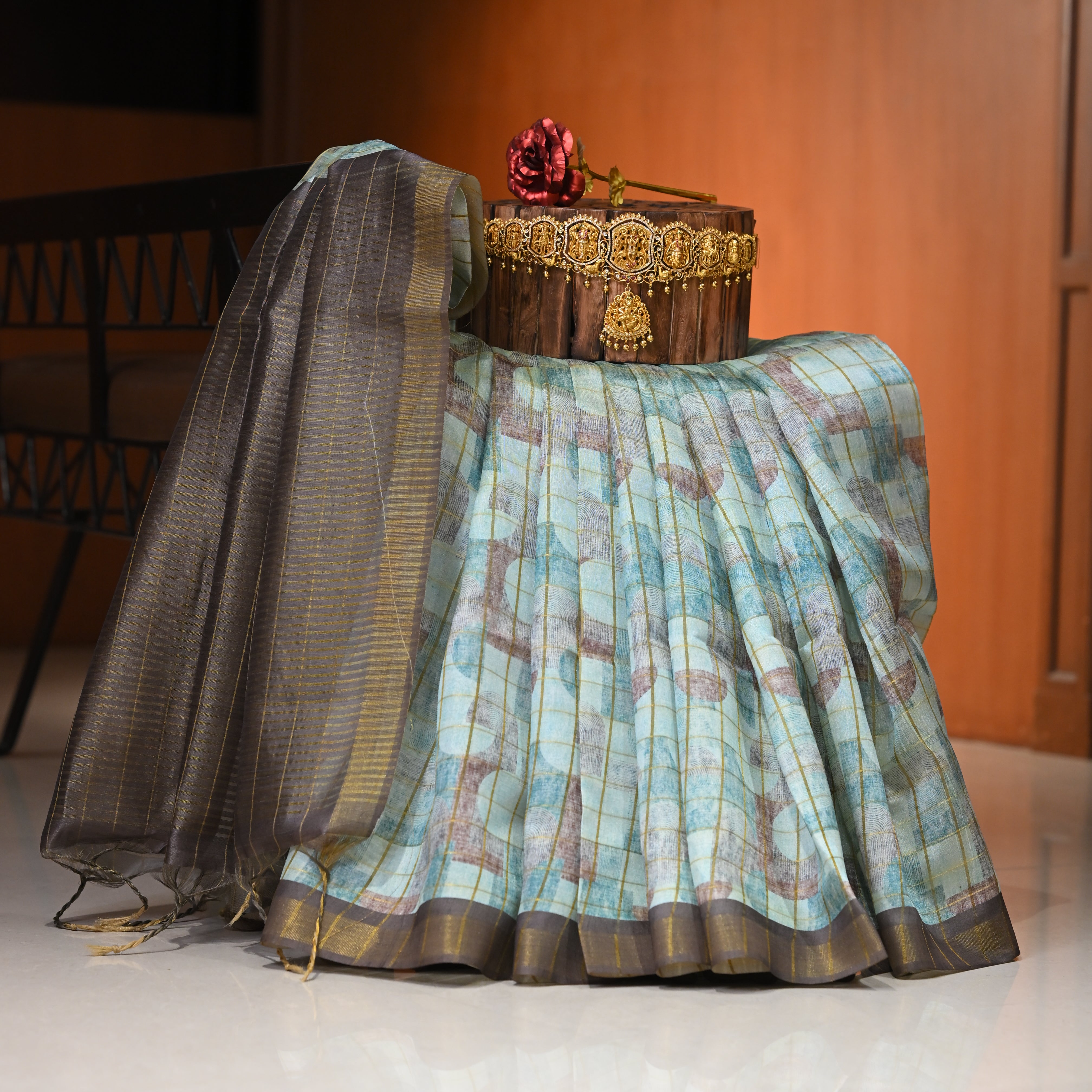 Milano silks saree with Geometrical Design and Gold Zari Design