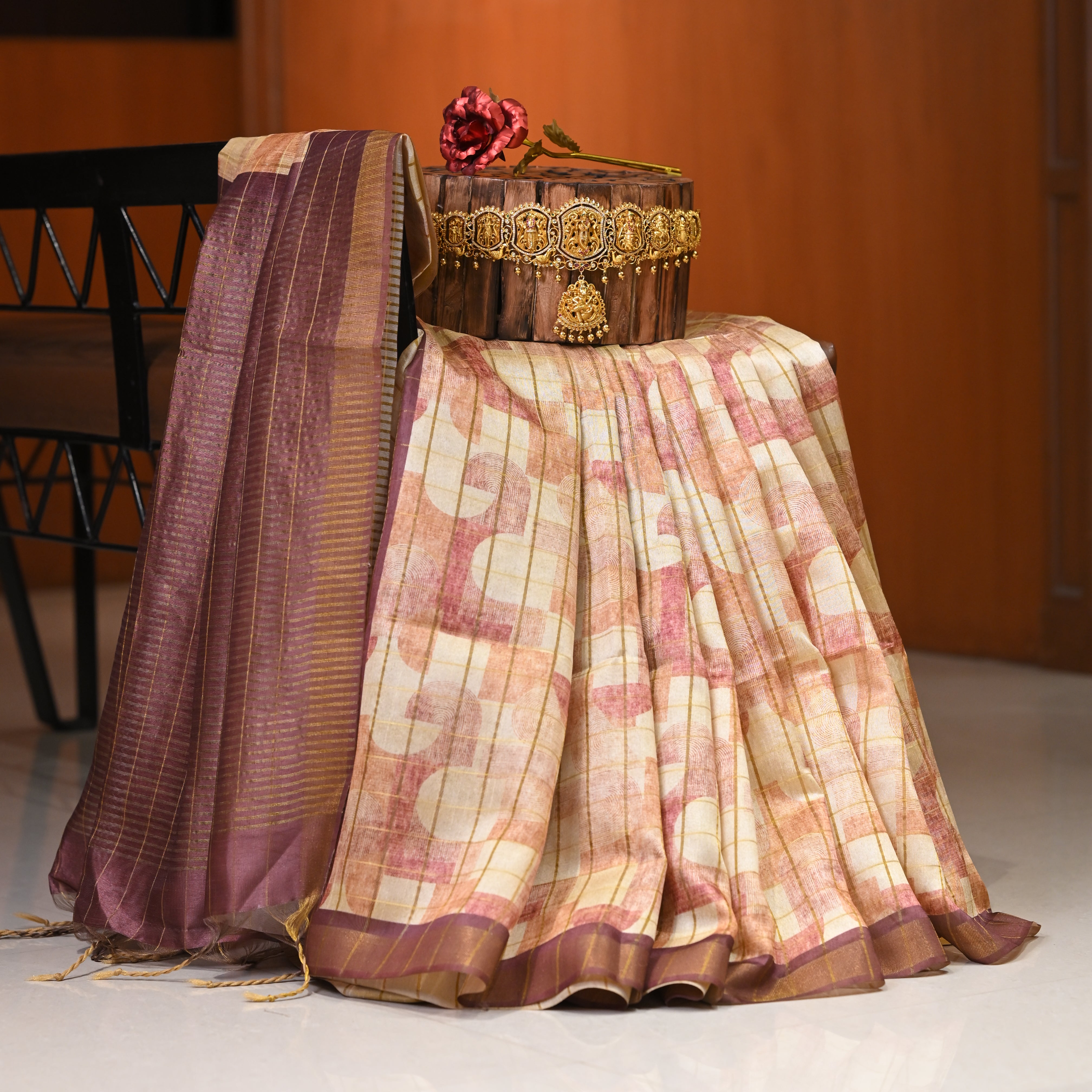 Milano silks saree with Geometrical Design and Gold Zari Design