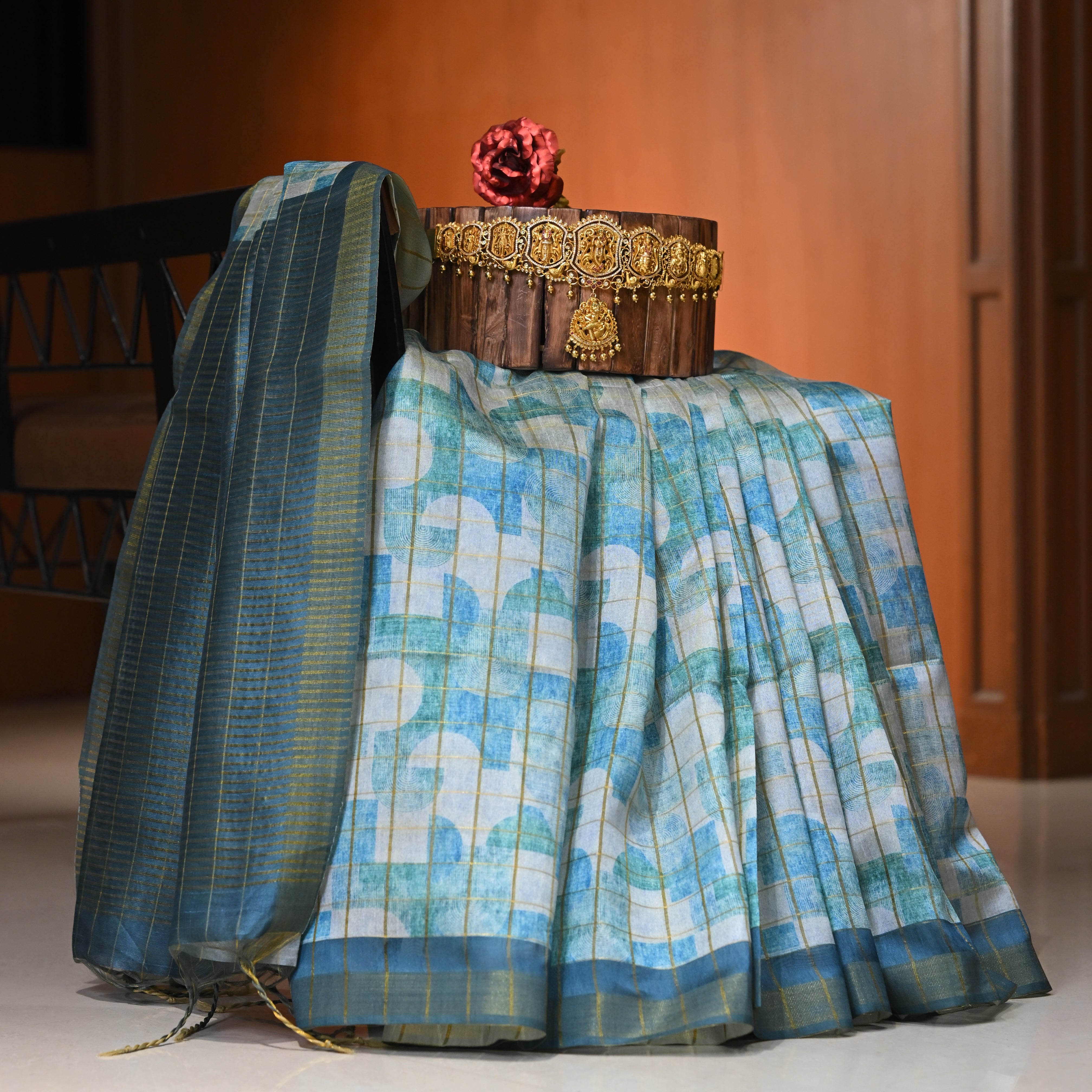 Milano silks saree with Geometrical Design and Gold Zari Design