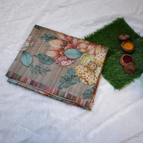 Raw Silk Sarees with Floral Print Chikan Embroidery