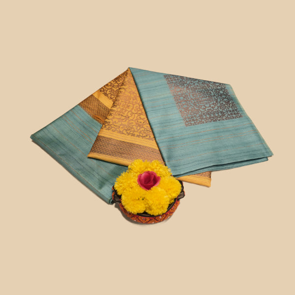 Dupion Silk Saree With Jute and Square Design, and Rangoli Design