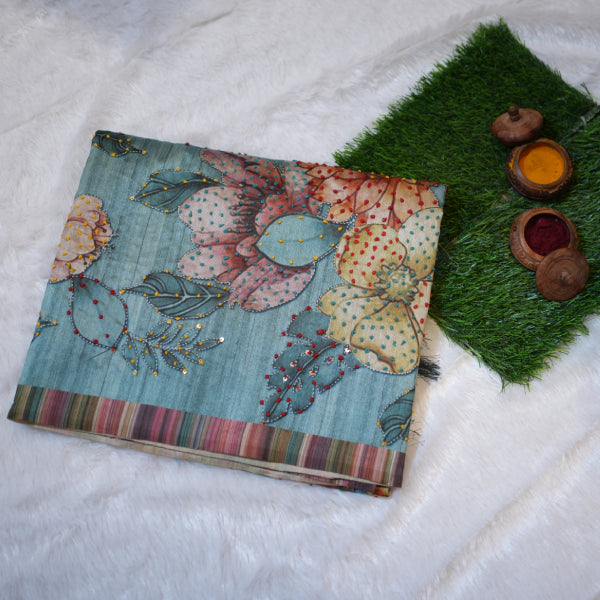 Raw Silk Sarees with Floral Print Chikan Embroidery