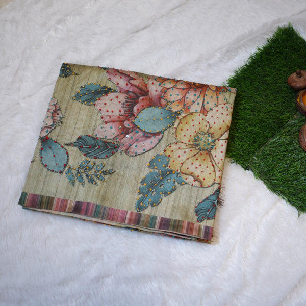 Raw Silk Sarees with Floral Print Chikan Embroidery