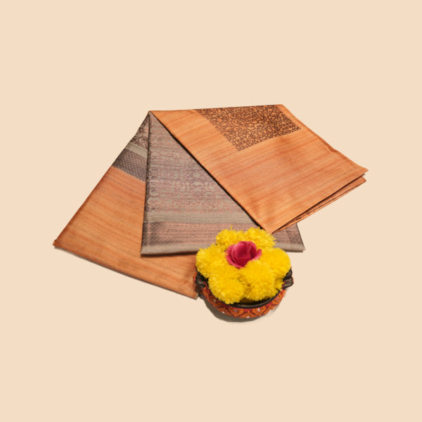 Dupion Silk Saree With Jute and Square Design, and Rangoli Design