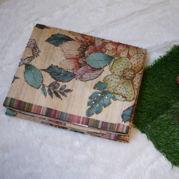 Raw Silk Sarees with Floral Print Chikan Embroidery