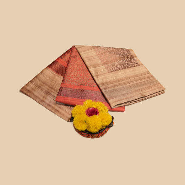 Dupion Silk Saree With Jute and Square Design, and Rangoli Design