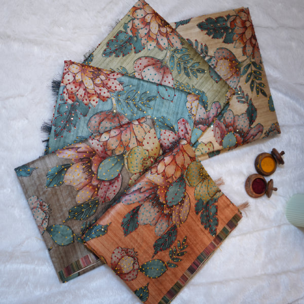 Raw Silk Sarees with Floral Print Chikan Embroidery