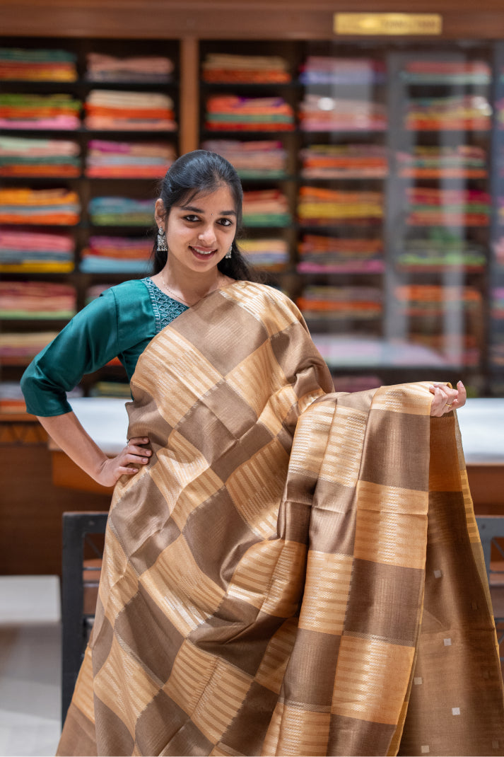Dupion Silks Saree with All-Over Body Multi-Checks & Zari Weaving