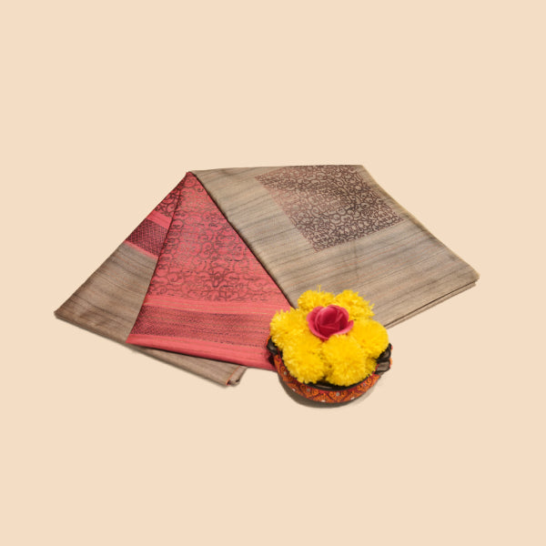 Dupion Silk Saree With Jute and Square Design, and Rangoli Design