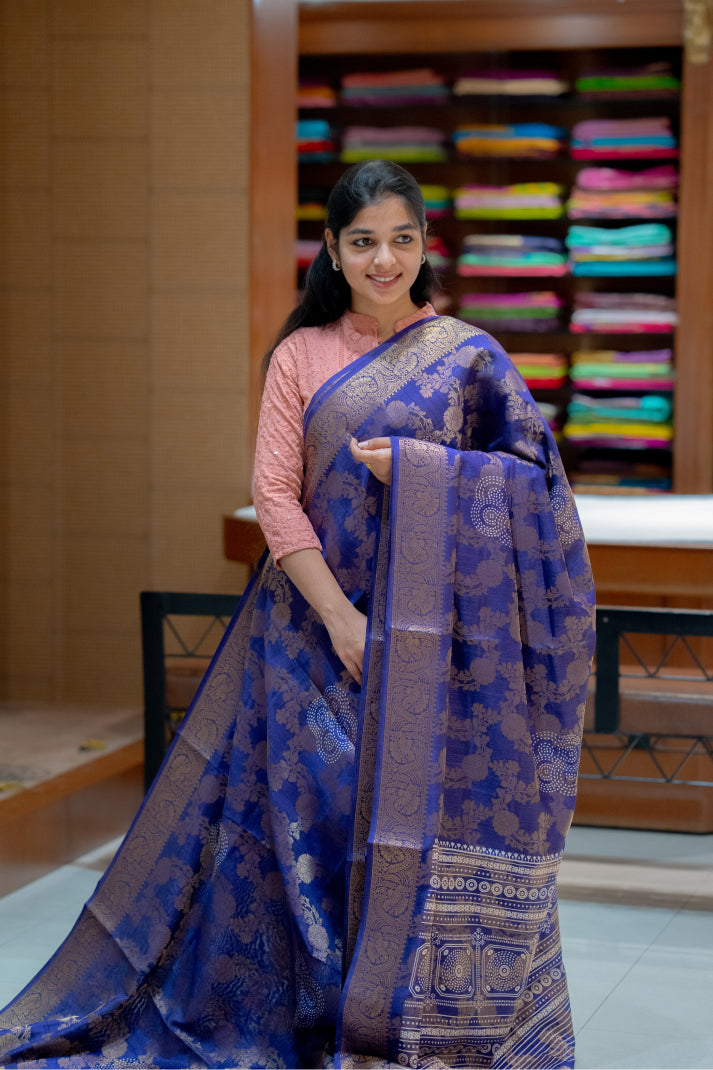 Raw Silk Sarees with Jacquard Floral Design and Katta Print Design