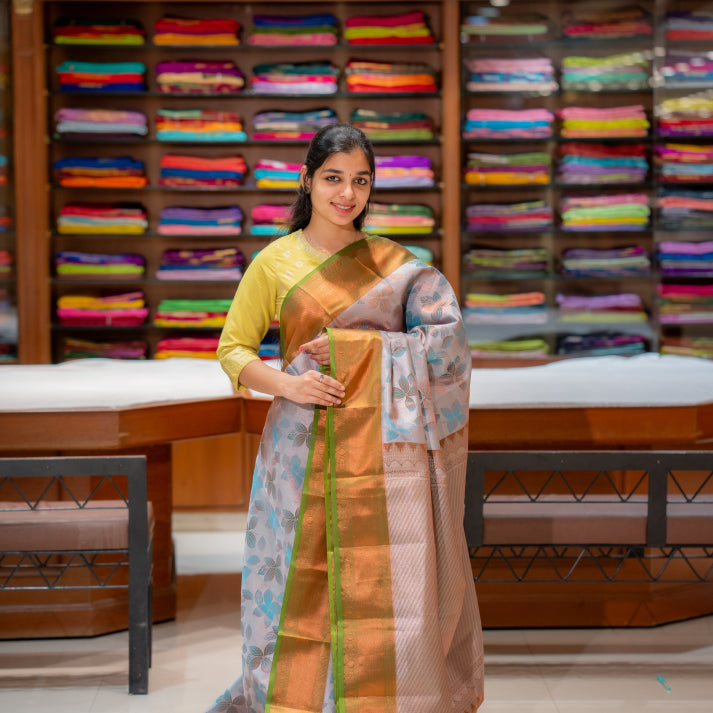 Tissue Sarees with Body Copper Silver Zari