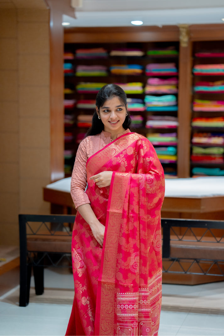 Raw Silk Sarees with Jacquard Floral Design and Katta Print Design