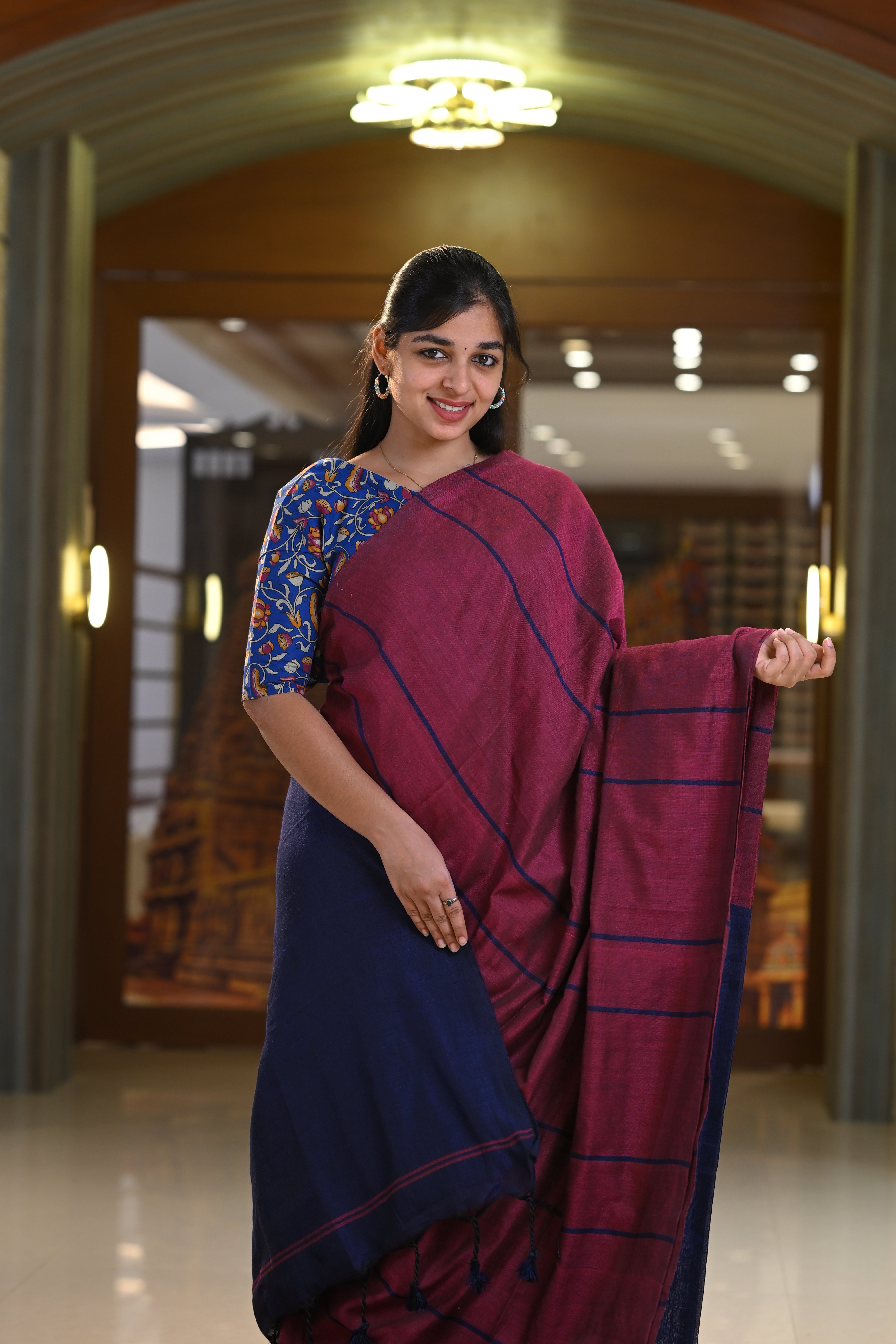 Semi Khadi Cotton Saree with thread weaving with Kalamkari blouse