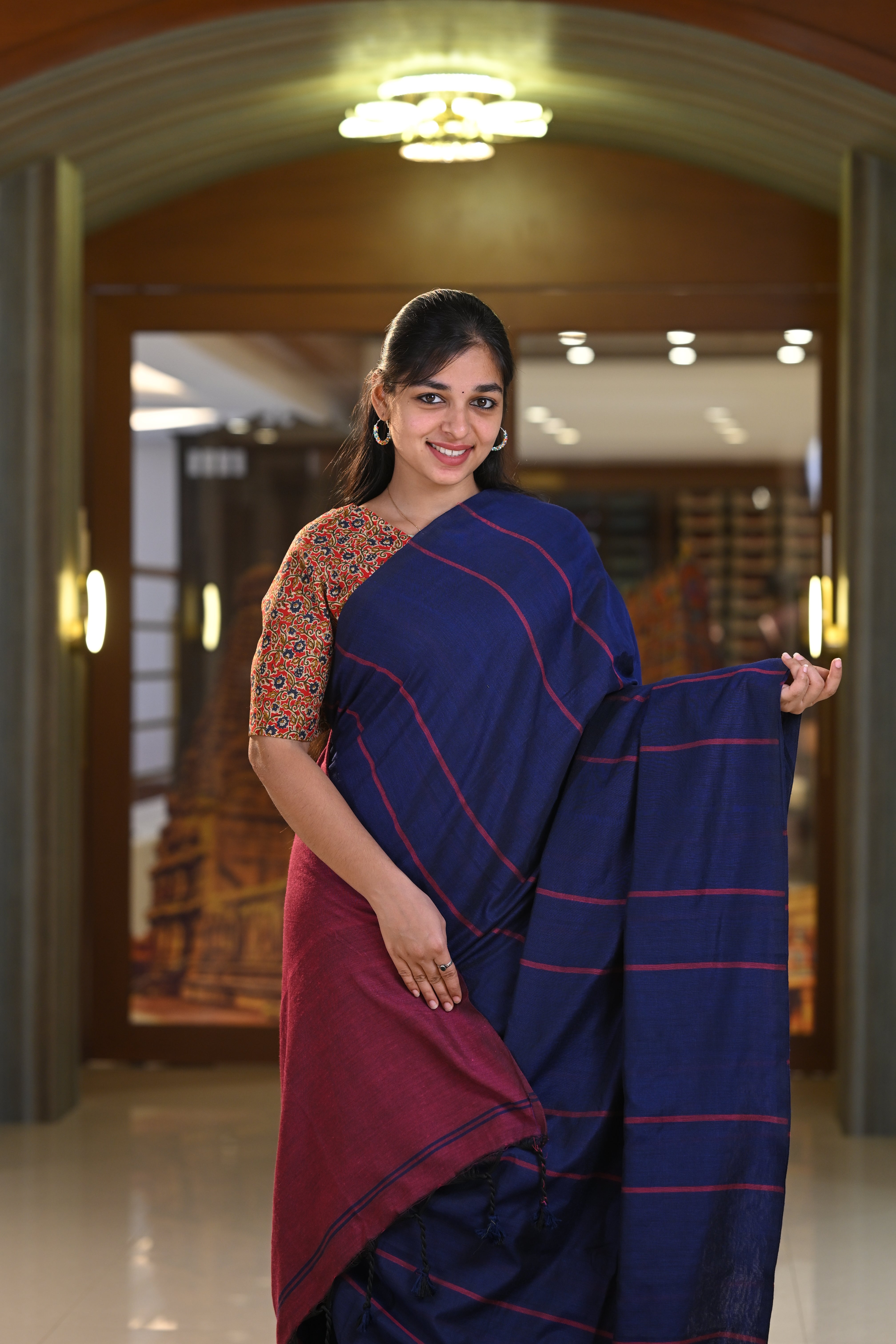 Semi Khadi Cotton Saree with thread weaving with Kalamkari blouse