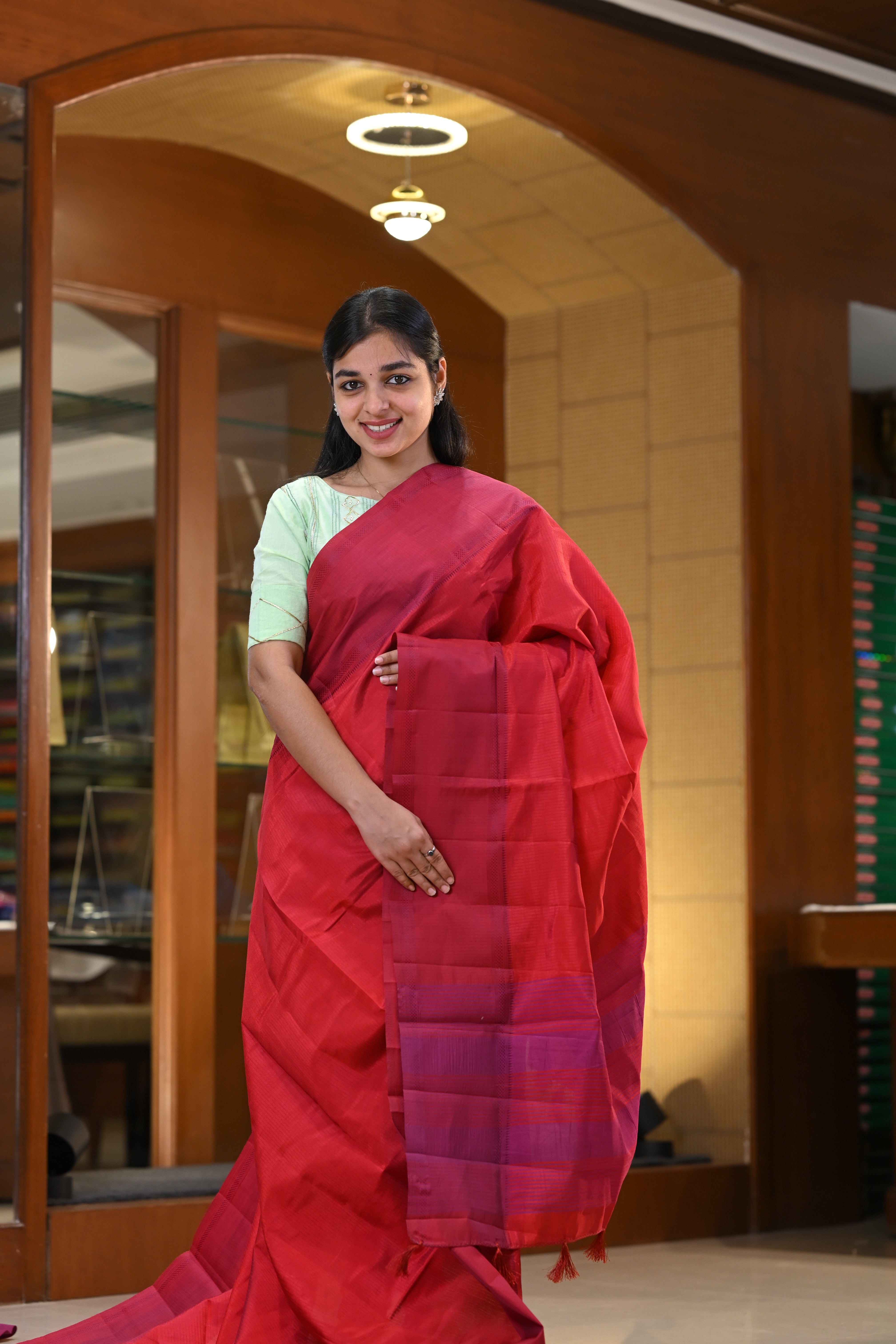 Super Silk Sarees With Mild Stripe Lines with Contrast Rettapetta Thread Border