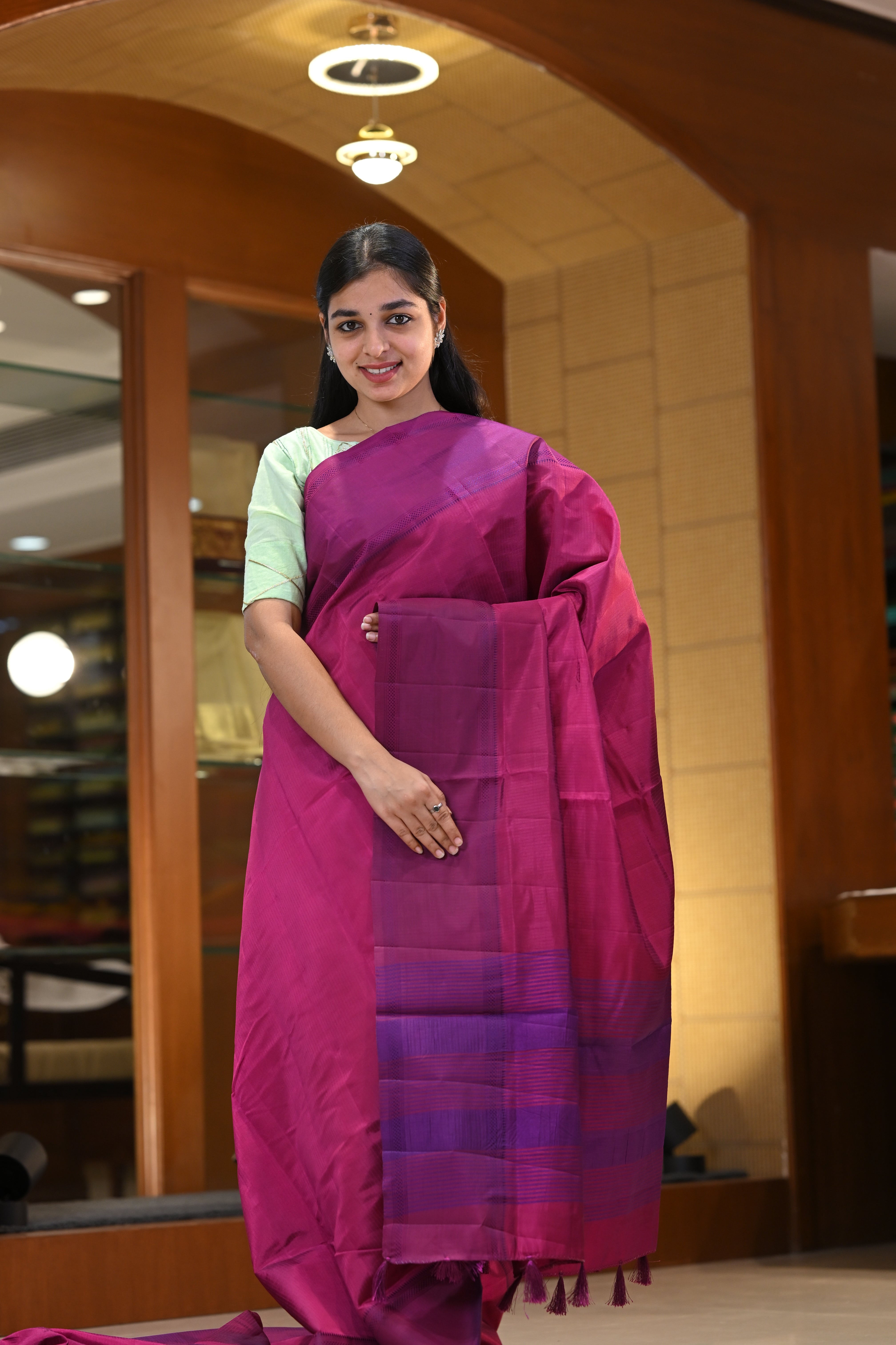 Super Silk Sarees With Mild Stripe Lines with Contrast Rettapetta Thread Border