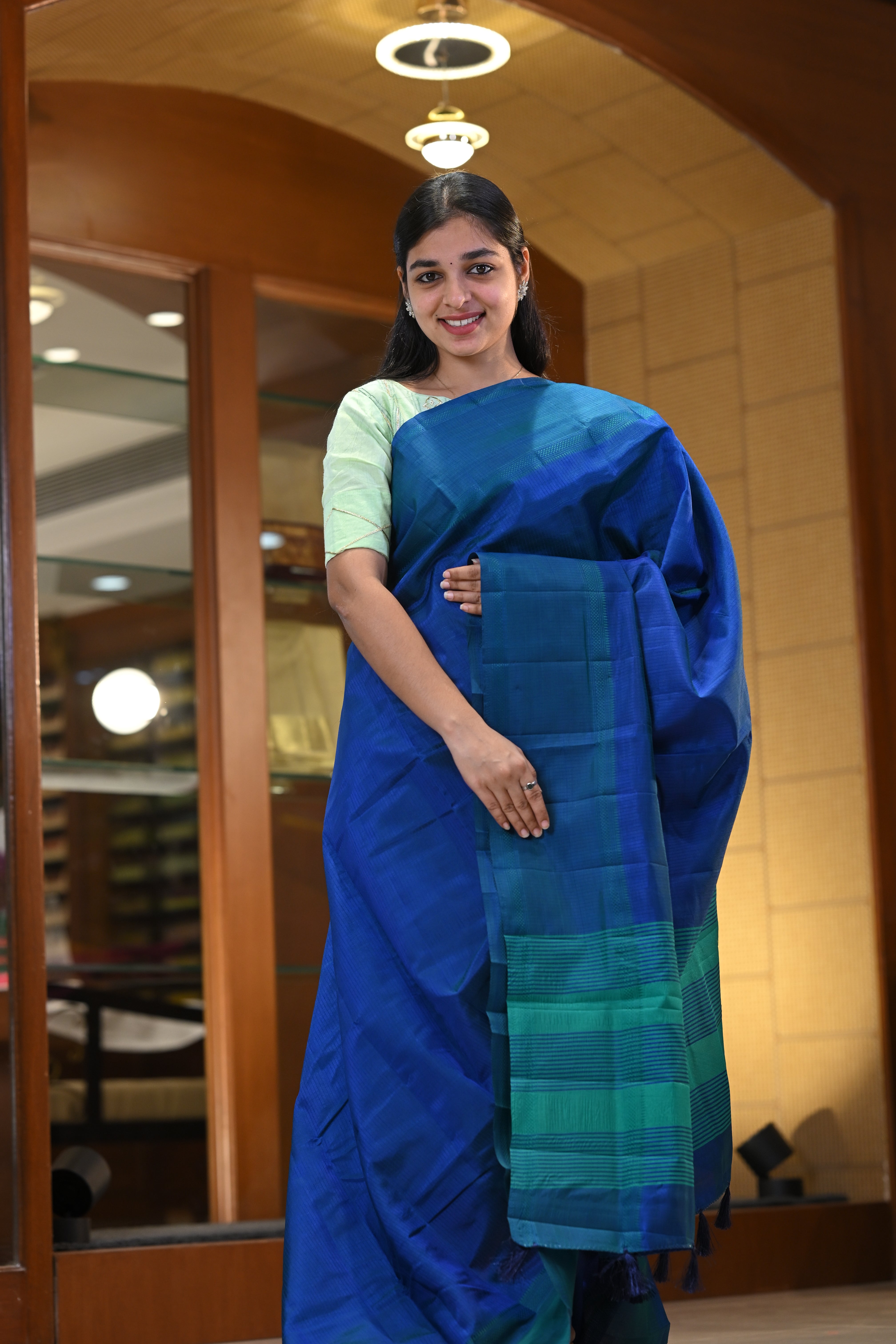 Super Silk Sarees With Mild Stripe Lines with Contrast Rettapetta Thread Border