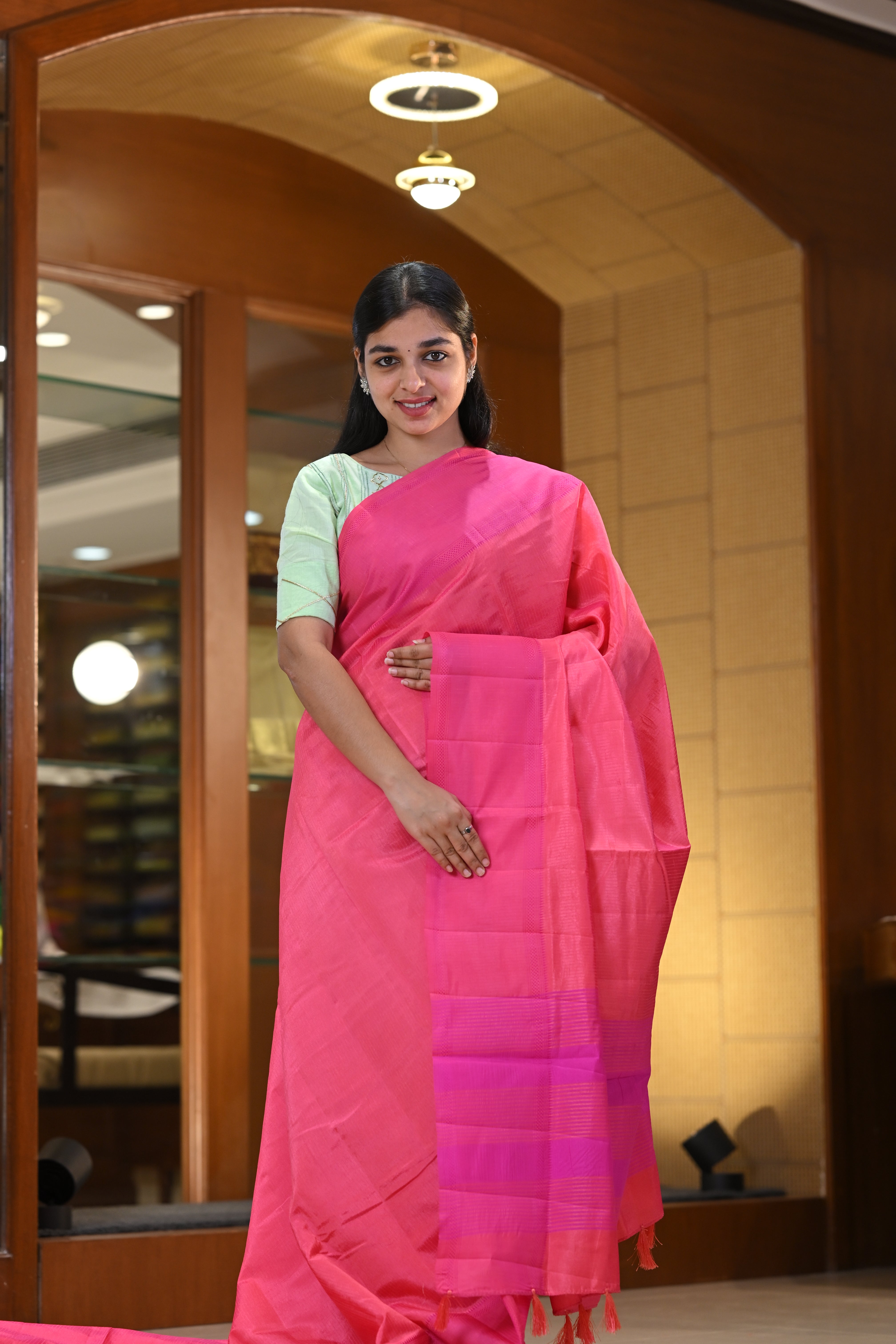 Super Silk Sarees With Mild Stripe Lines with Contrast Rettapetta Thread Border