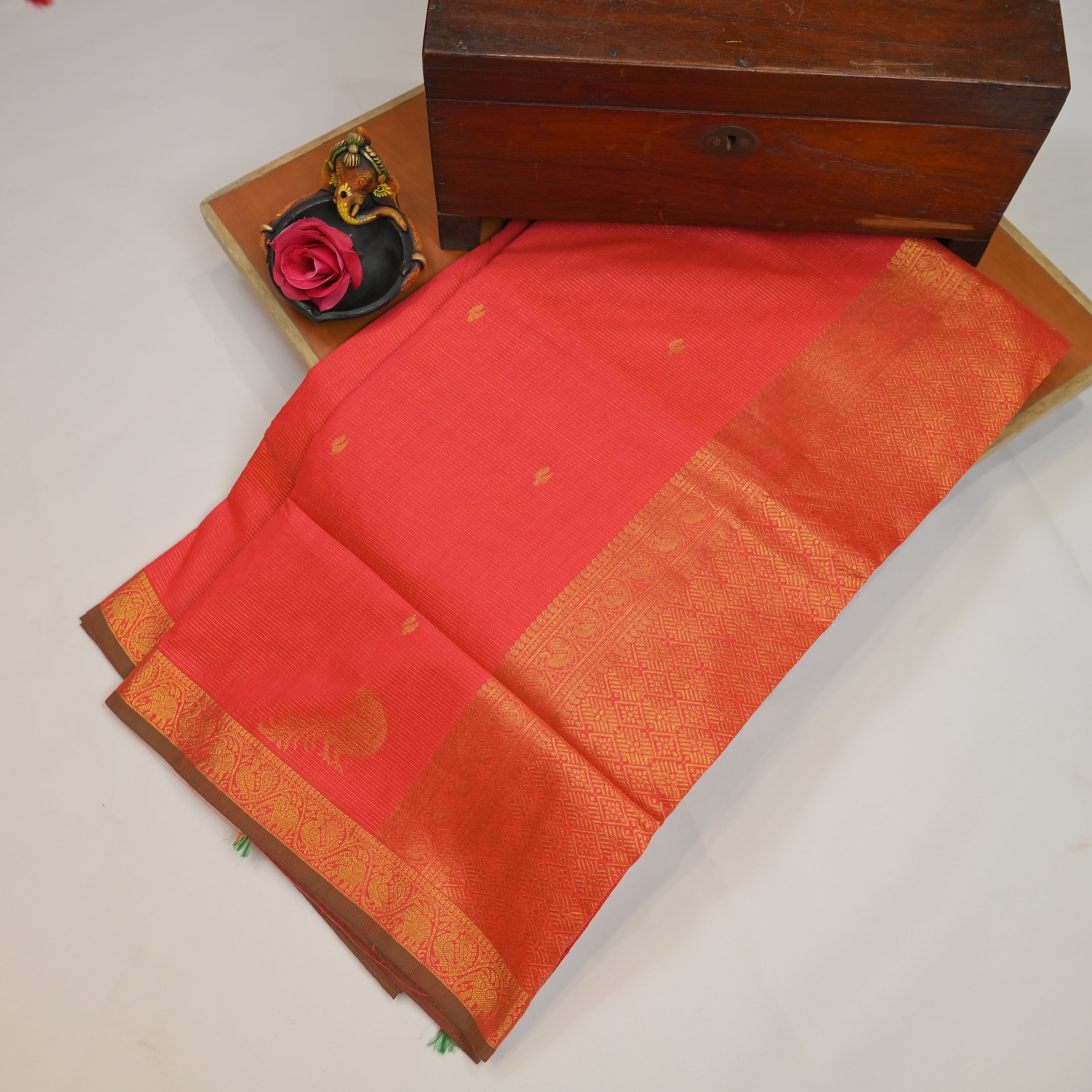 Kalyani Cotton Saree with Vaira Oosi Peacock and Elephants Design Border