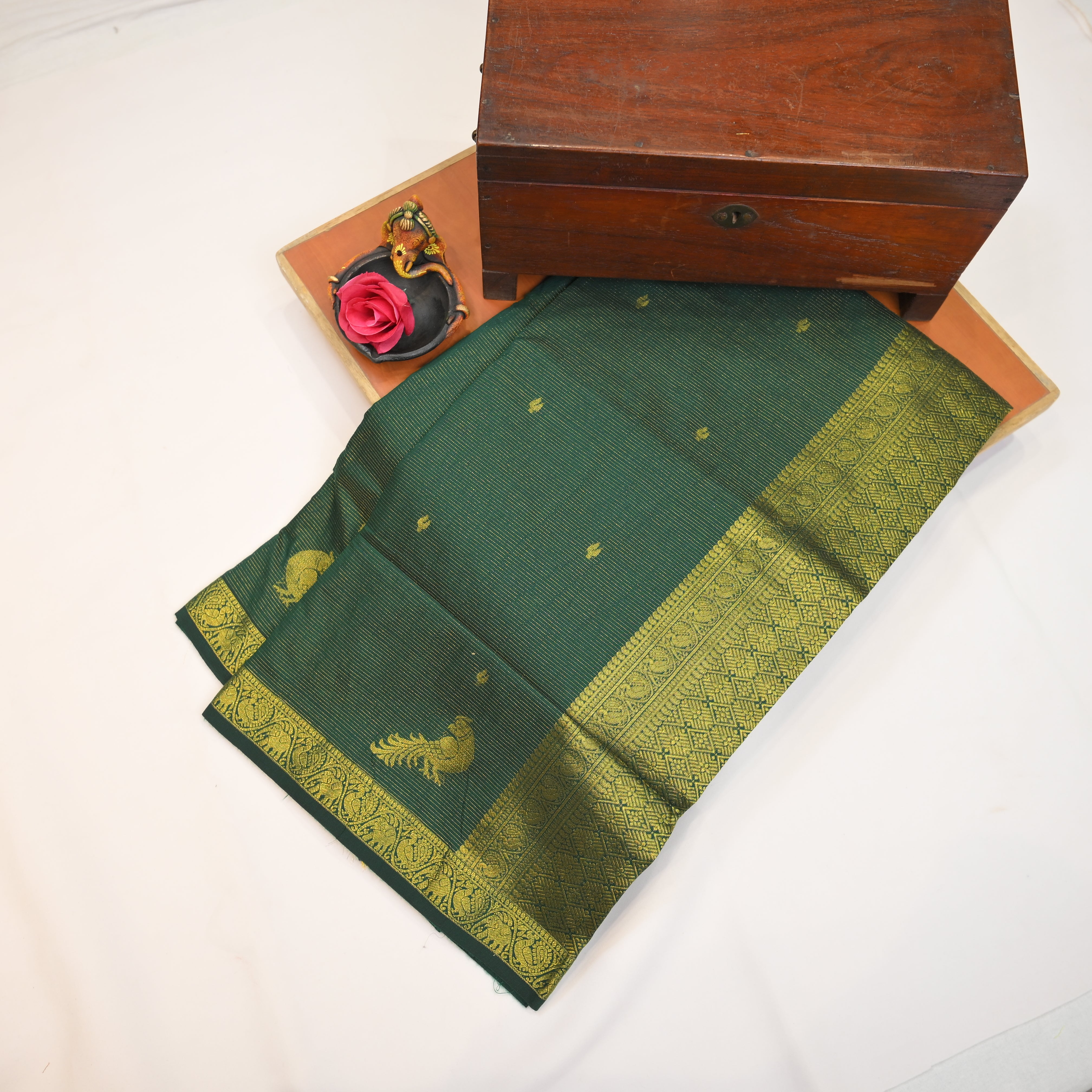 Kalyani Cotton Saree with Vaira Oosi Peacock and Elephants Design Border