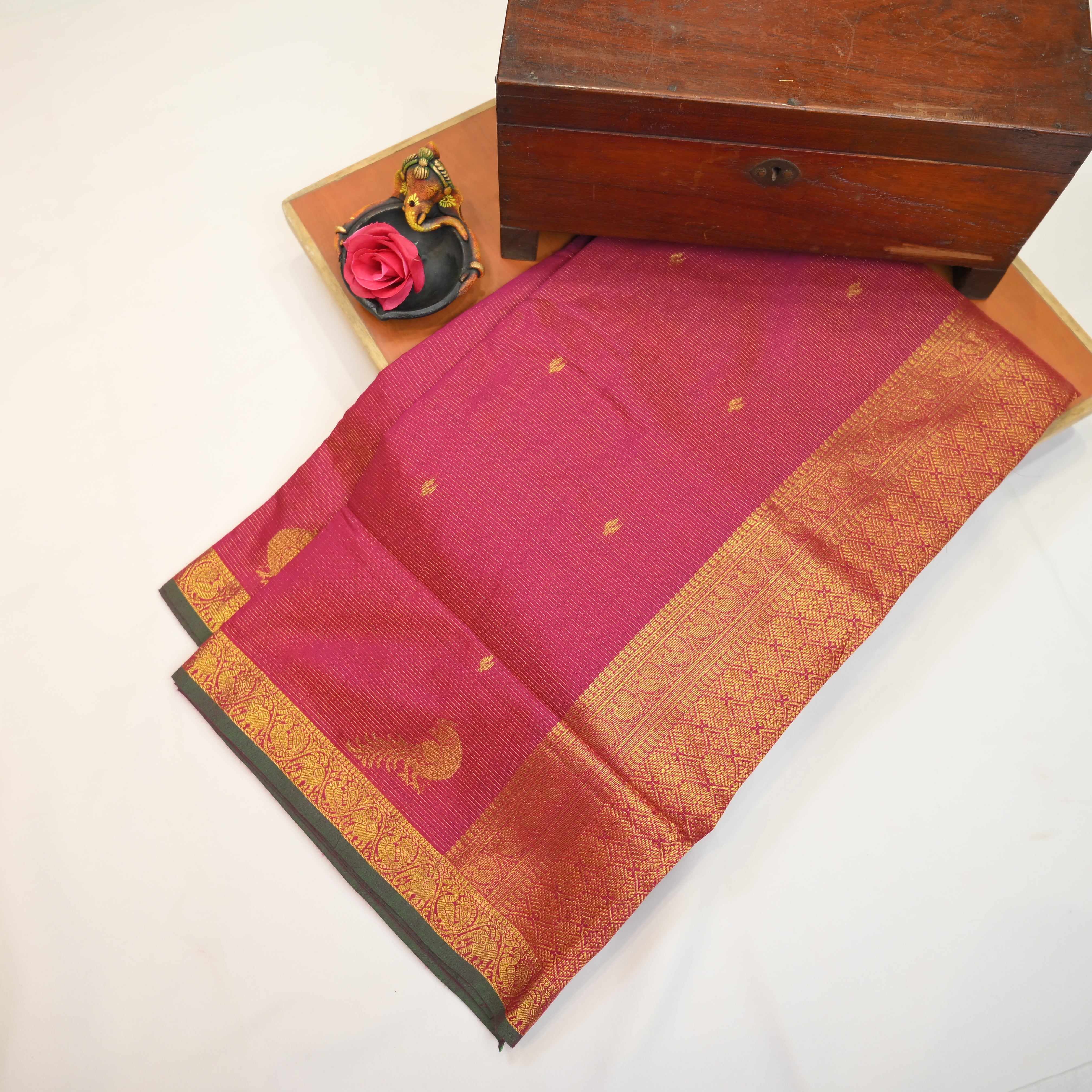 Kalyani Cotton Saree with Vaira Oosi Peacock and Elephants Design Border