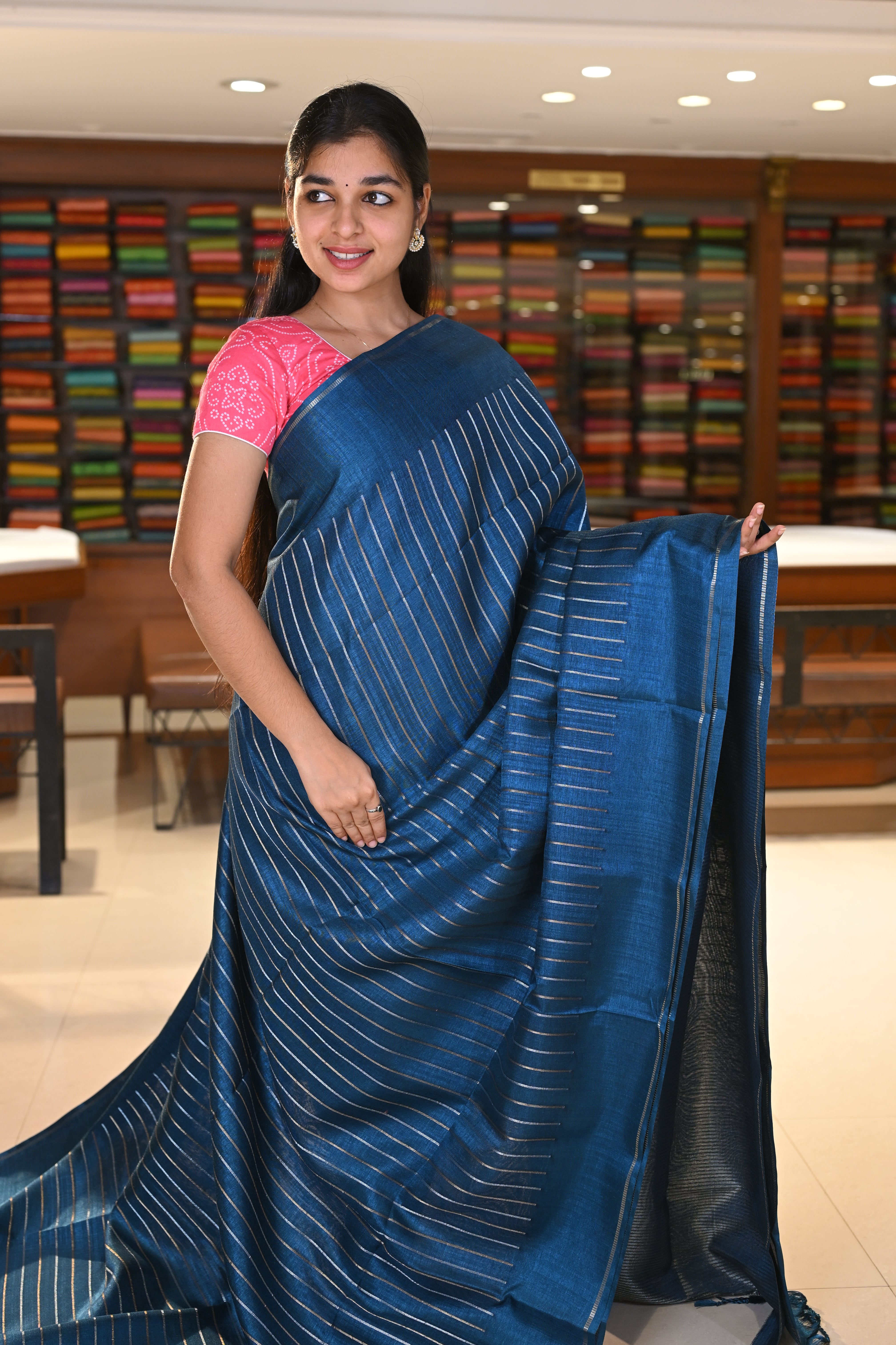 Semi Tussar Saree with Straight Silver Zari Line