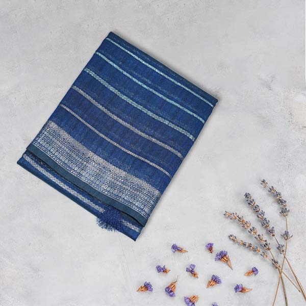Raw Silk Saree with Striped Silver Zari Weaving