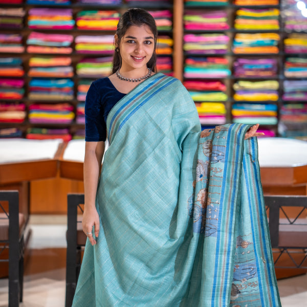 Semi Tussar Sarees With Floral Design, Out Line Plain Katta Work