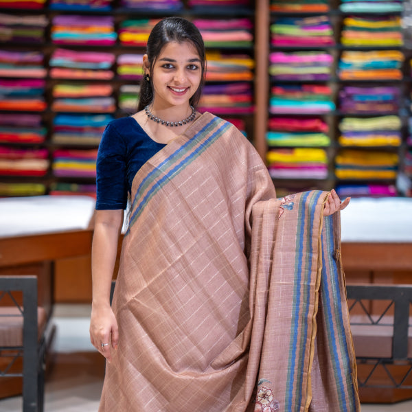 Semi Tussar Sarees With Floral Design, Out Line Plain Katta Work