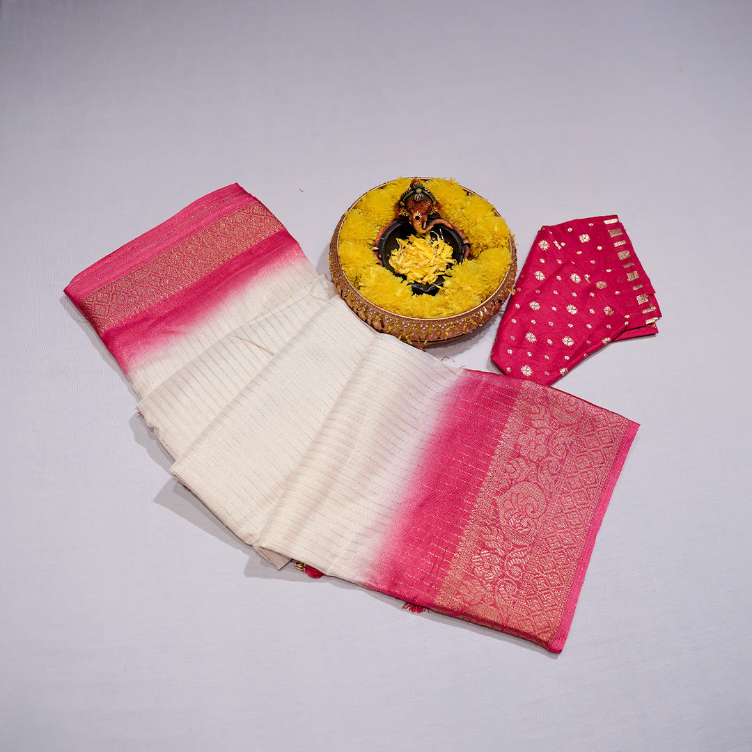 Banarasi Saree with Contrast Zari Border, Elegant Floral, Traditional Border