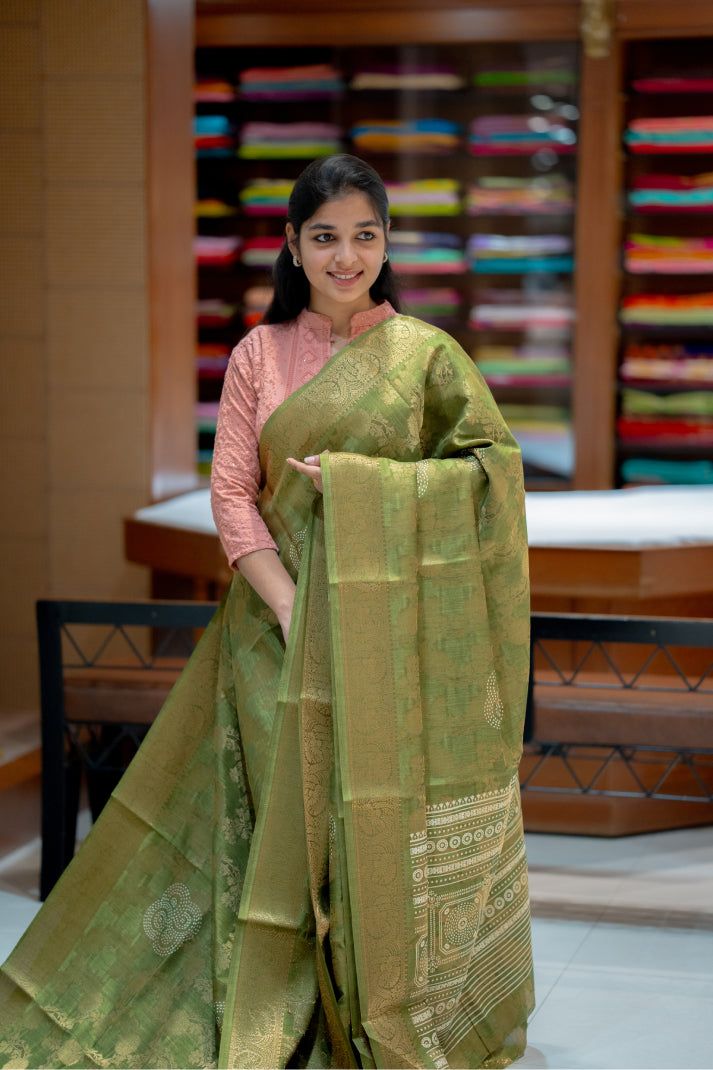 Raw Silk Sarees with Jacquard Floral Design and Katta Print Design
