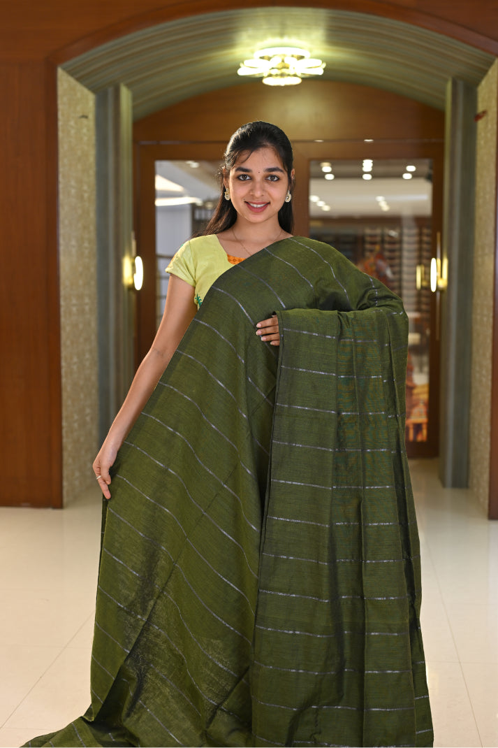 Art Linen Cotton Saree with Silver and Copper Lines Design