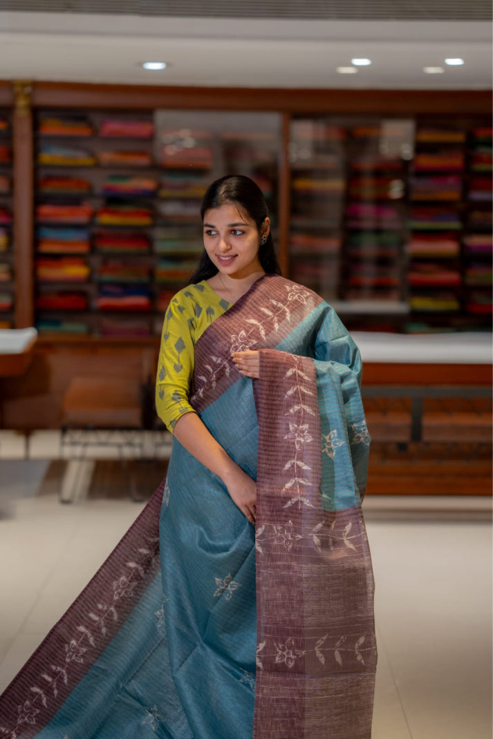 Slab Line Tissue  Sarees with Stripe Line Floral Print Design