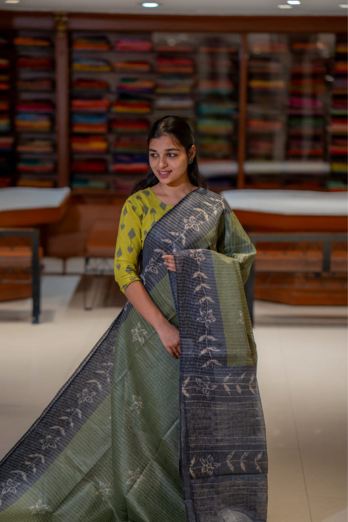 Slab Line Tissue  Sarees with Stripe Line Floral Print Design