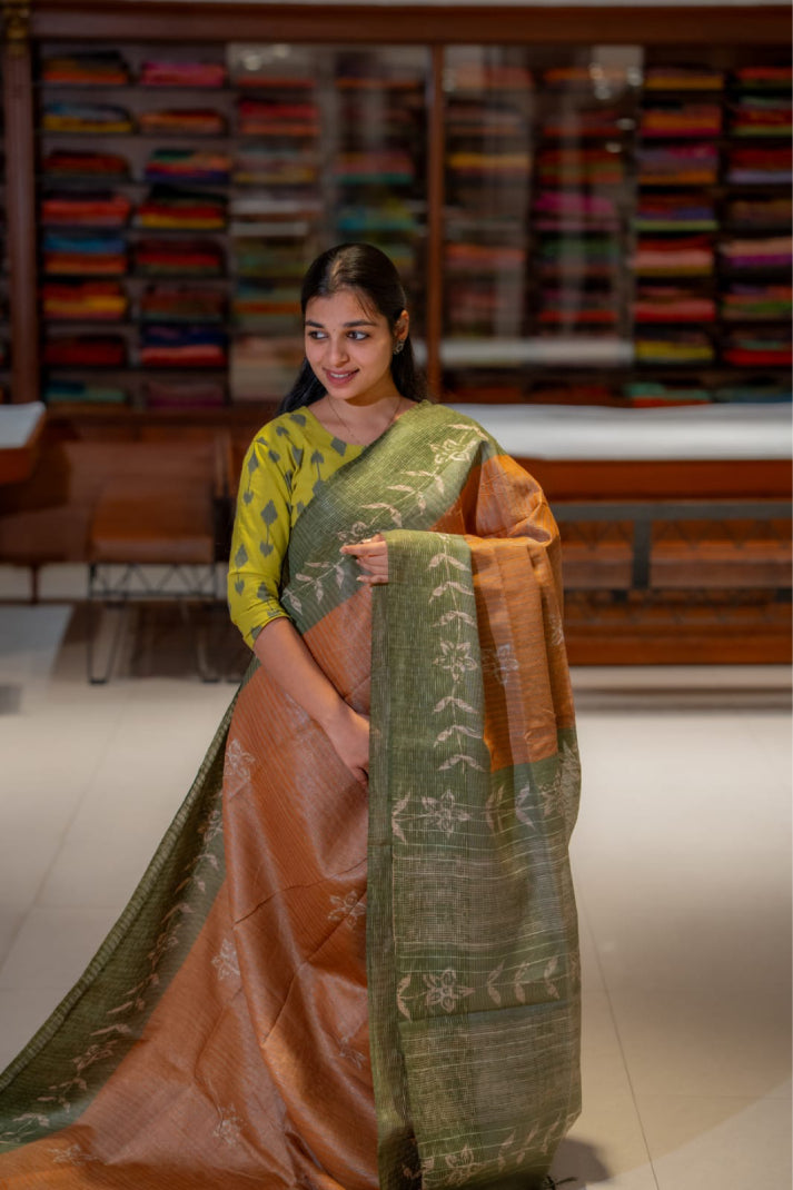 Slab Line Tissue  Sarees with Stripe Line Floral Print Design