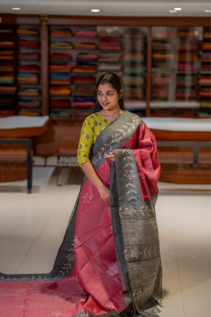 Slab Line Tissue  Sarees with Stripe Line Floral Print Design