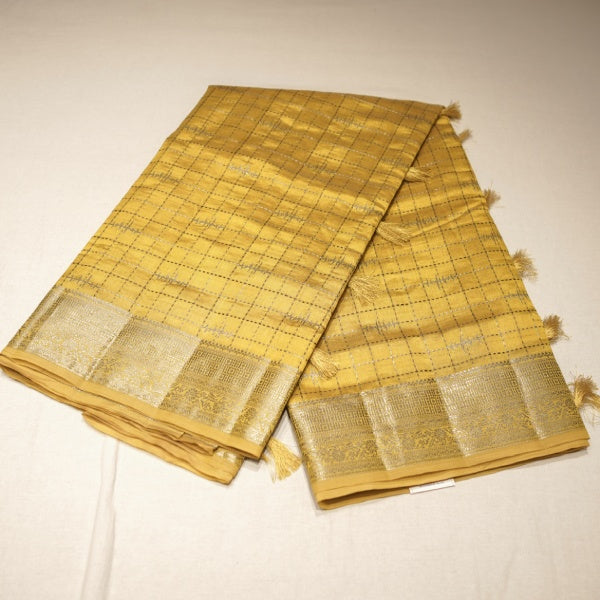 Art Tissue Sarees with Check Design in Silver with Copper Ikat Zari Weaving