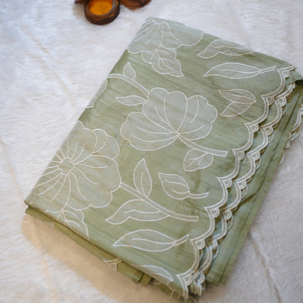 Dupion Silks Saree with Body Floral Hapliq Work Hand Craft