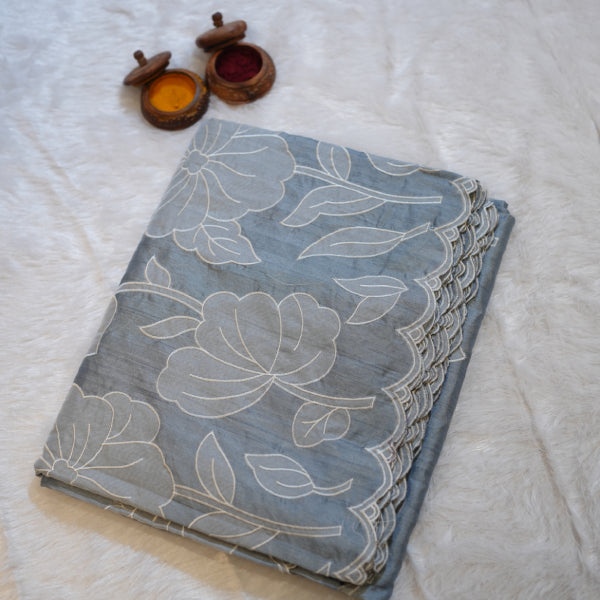 Dupion Silks Saree with Body Floral Hapliq Work Hand Craft