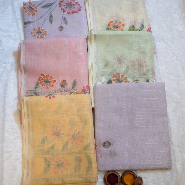 Dissu Fancy Sarees with Golden Checks Hand Painting Katha Work