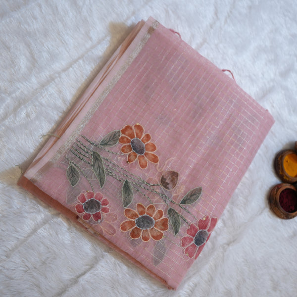 Dissu Fancy Sarees with Golden Checks Hand Painting Katha Work