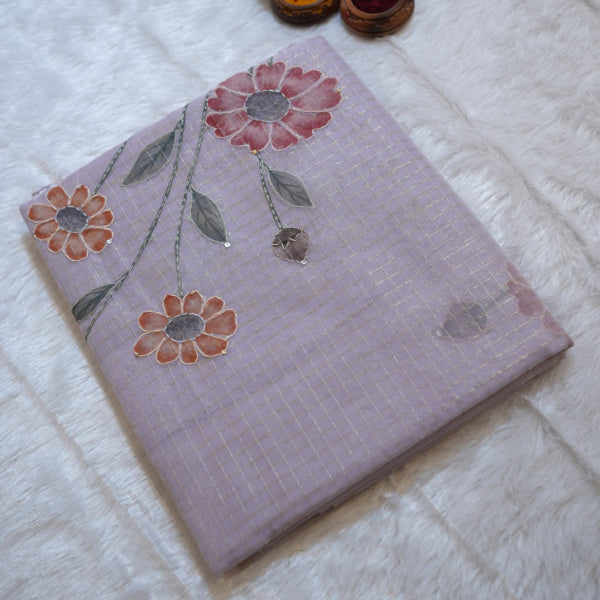 Dissu Fancy Sarees with Golden Checks Hand Painting Katha Work