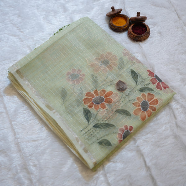 Dissu Fancy Sarees with Golden Checks Hand Painting Katha Work